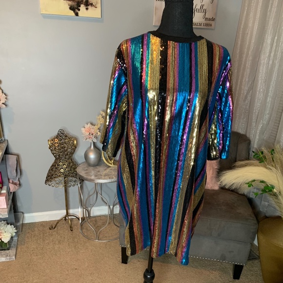 Multi Colored Three Quarter Sleeve Sequin Mini Dress - Picture 1 of 3